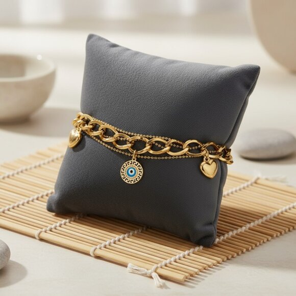 🆕️ Double Chain 18K Gold Plated Stainless Steel Bracelet with Heart Evil Eye - Picture 6 of 11